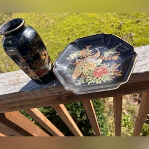 Yamaji Seihou Black Eight-sided Vase and Japanese Peacock Plate